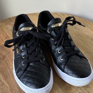 Guess Black Quilted Leather Sneakers with White Soles and Gold Accents